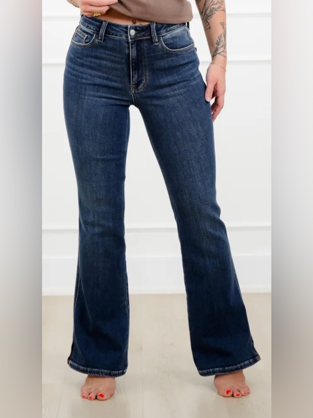 Judy Blue Mid Rise Dark Wash Bootcut Jeans with Slit and Cell Phone Pocket